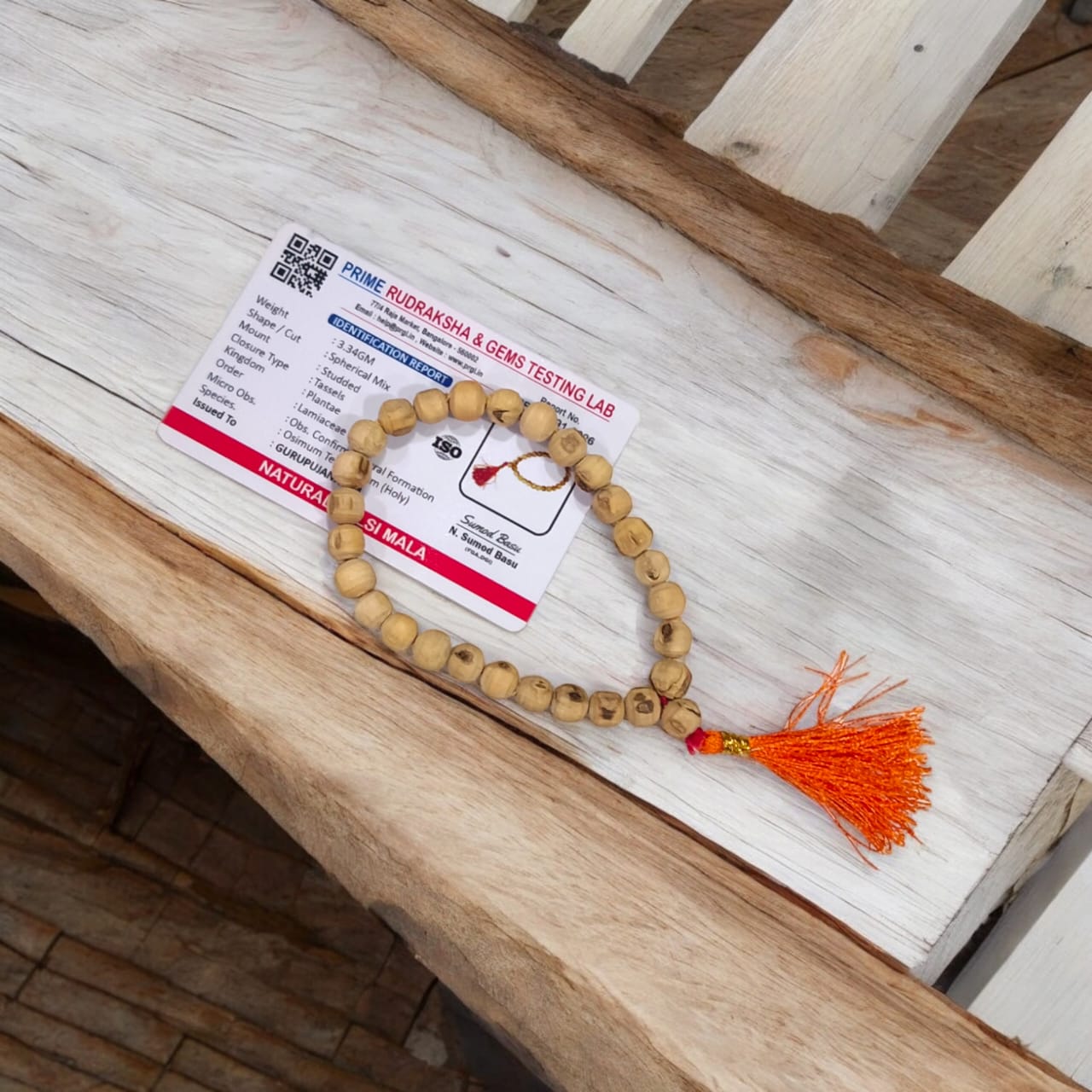 Image of Natural Tulsi Mala with 108+1 beads used for mantra chanting, meditation, and spiritual rituals.
