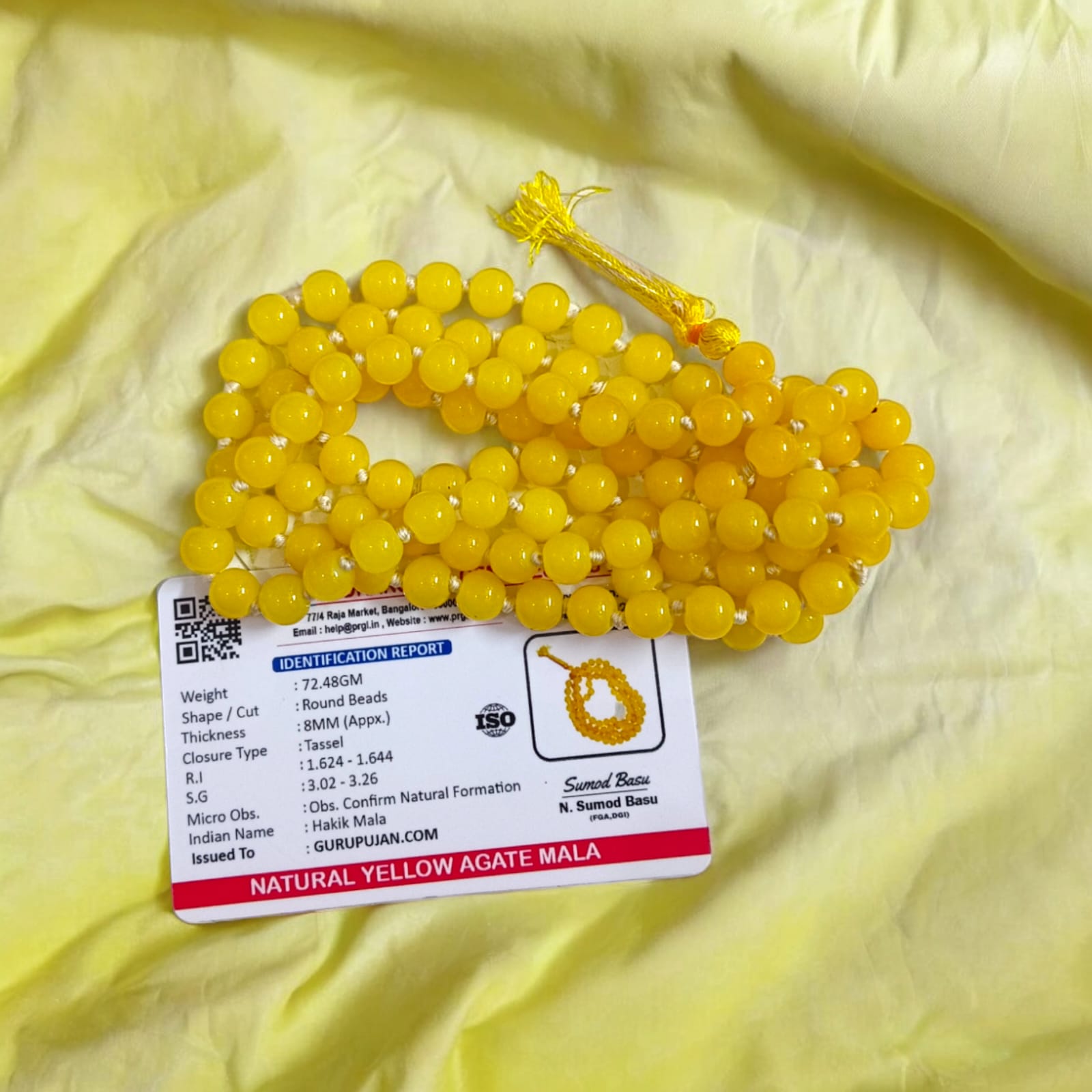Image of Original Yellow Agate Mala (Peeli Hakik Mala) in 108+1 beads with lab certificate, used for jaap and spiritual healing.