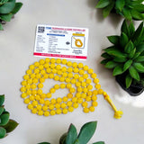Image of Original Yellow Agate Mala (Peeli Hakik Mala) in 108+1 beads with lab certificate, used for jaap and spiritual healing.