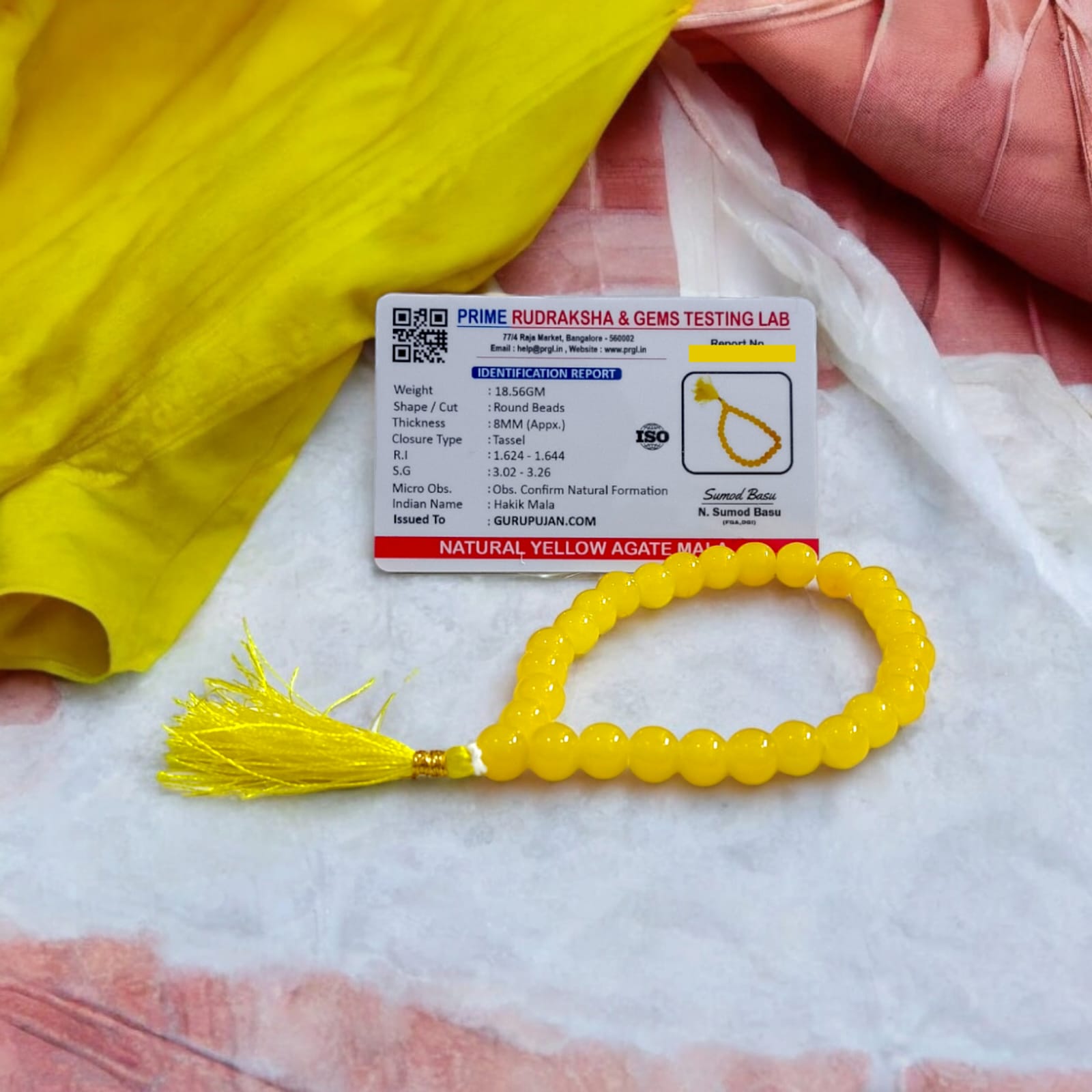 Image of Original Yellow Agate Mala (Peeli Hakik Mala) in 108+1 beads with lab certificate, used for jaap and spiritual healing.