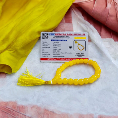 Image of Original Yellow Agate Mala (Peeli Hakik Mala) in 108+1 beads with lab certificate, used for jaap and spiritual healing.