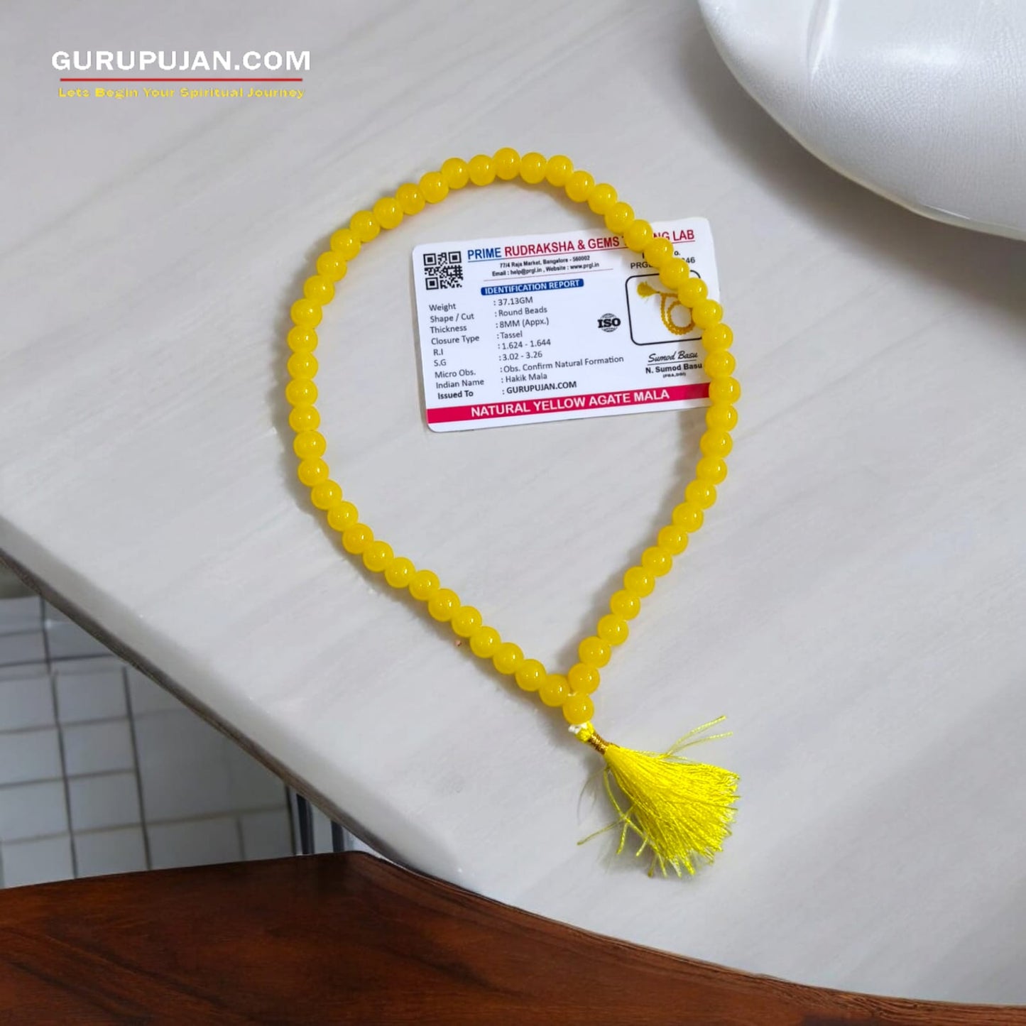 Image of Original Yellow Agate Mala (Peeli Hakik Mala) in 108+1 beads with lab certificate, used for jaap and spiritual healing.