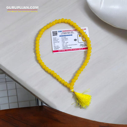 Image of Original Yellow Agate Mala (Peeli Hakik Mala) in 108+1 beads with lab certificate, used for jaap and spiritual healing.