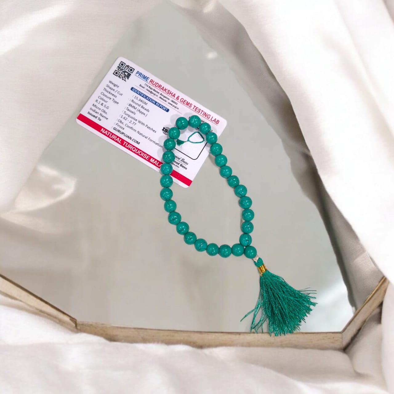 Image of Turquoise Mala - Natural Firoza 8MM Wrist Mala with lab certification from GuruPujan

