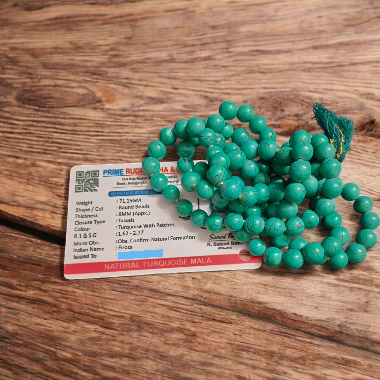 Image of Turquoise Mala - Natural Firoza 8MM Wrist Mala with lab certification from GuruPujan

