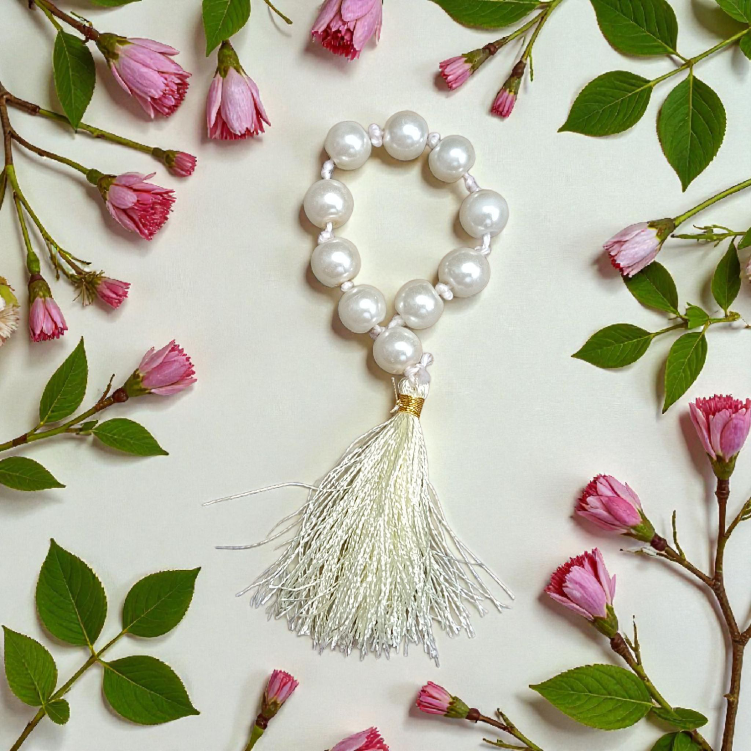 Image of a Natural Pearl Finger Mala with 9+1 lab-certified Moti beads, designed for meditation, peace, and emotional healing