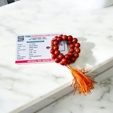 Image of a Natural Red Jasper Mala with 27+1 beads, featuring 8mm polished red gemstones and a spiritual tassel