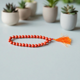 Image of a Natural Red Jasper Mala with 27+1 beads, featuring 8mm polished red gemstones and a spiritual tassel