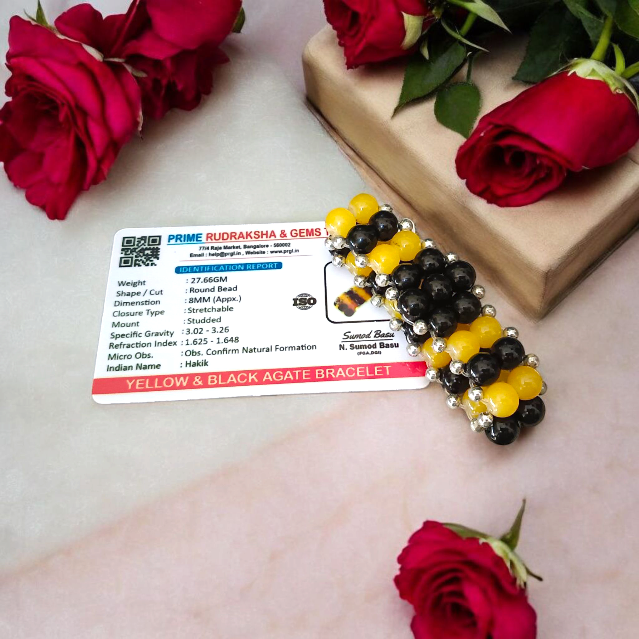 Image of a lab-certified Black Agate and Yellow Agate Bracelet with 8mm beads, designed for emotional healing, mental clarity, and daily wear