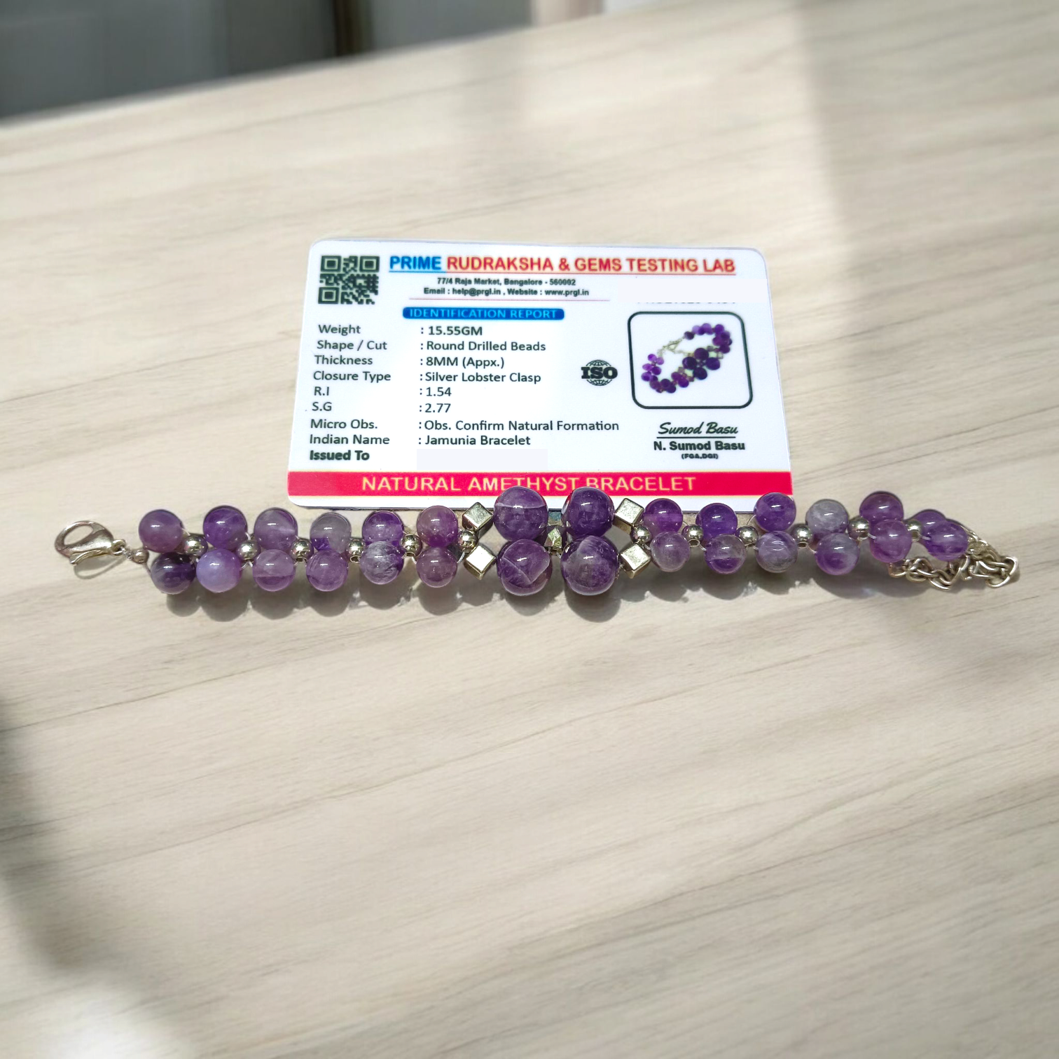 Image of a lab-certified Natural Amethyst Bracelet with polished 8mm beads, designed for emotional healing, sleep improvement, and spiritual protection
