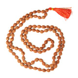 Image of authentic 4 Mukhi Rudraksha Mala in 27+1 and 108+1 bead variants, lab-certified, used for creativity and Guru Pujan.