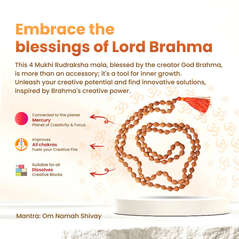 Image of authentic 4 Mukhi Rudraksha Mala in 27+1 and 108+1 bead variants, lab-certified, used for creativity and Guru Pujan.