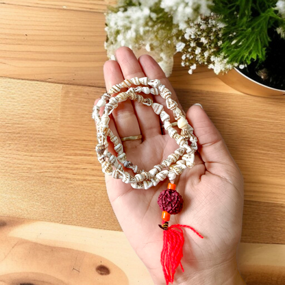 Image of lab-certified Shankh Mala made from natural conch shells, ideal for chanting and spiritual practices