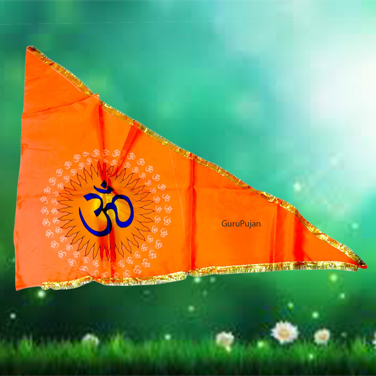 Image of the Om Flag, featuring the Aum symbol on a vibrant orange Bhagwa Jhanda, perfect for spiritual protection and positivity.