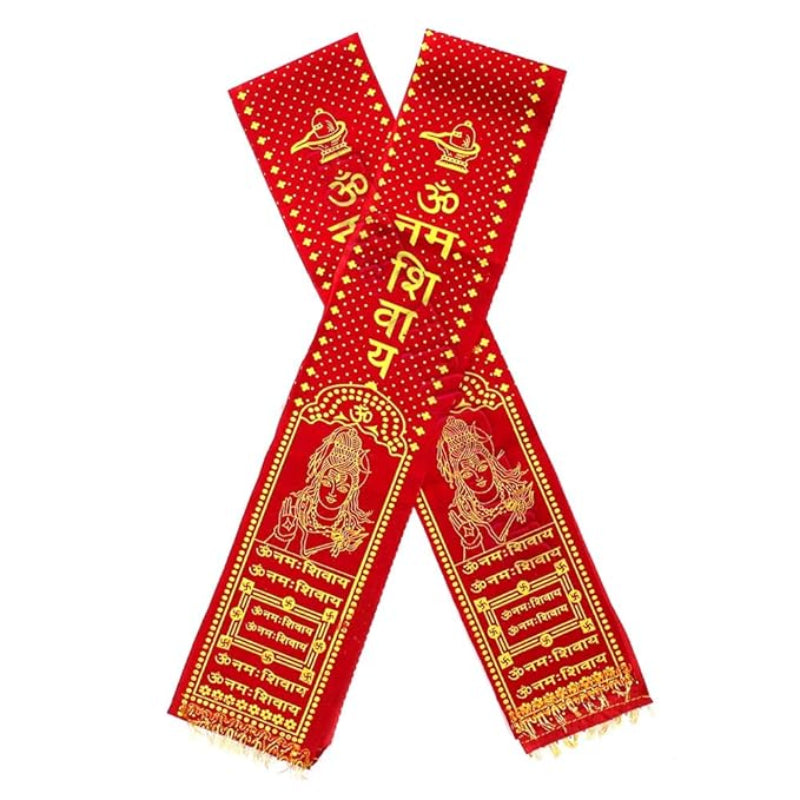 Image of the Om Namah Shivay Stole in red satin, featuring golden print of the Om Namah Shivay mantra, ideal for Rudrabhishek and Shivling Pujan rituals.