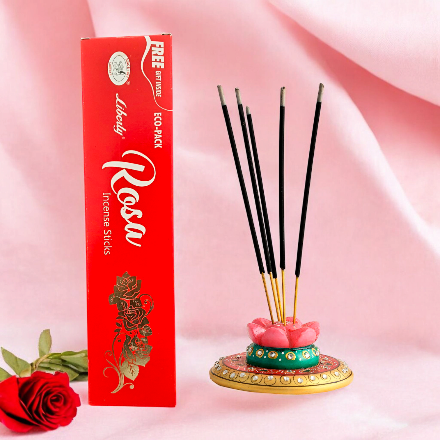 Image showing a pack of Rose Incense Sticks in an economy pack with a free gift inside, showcasing the calming rose fragrance for relaxation and spiritual practices.