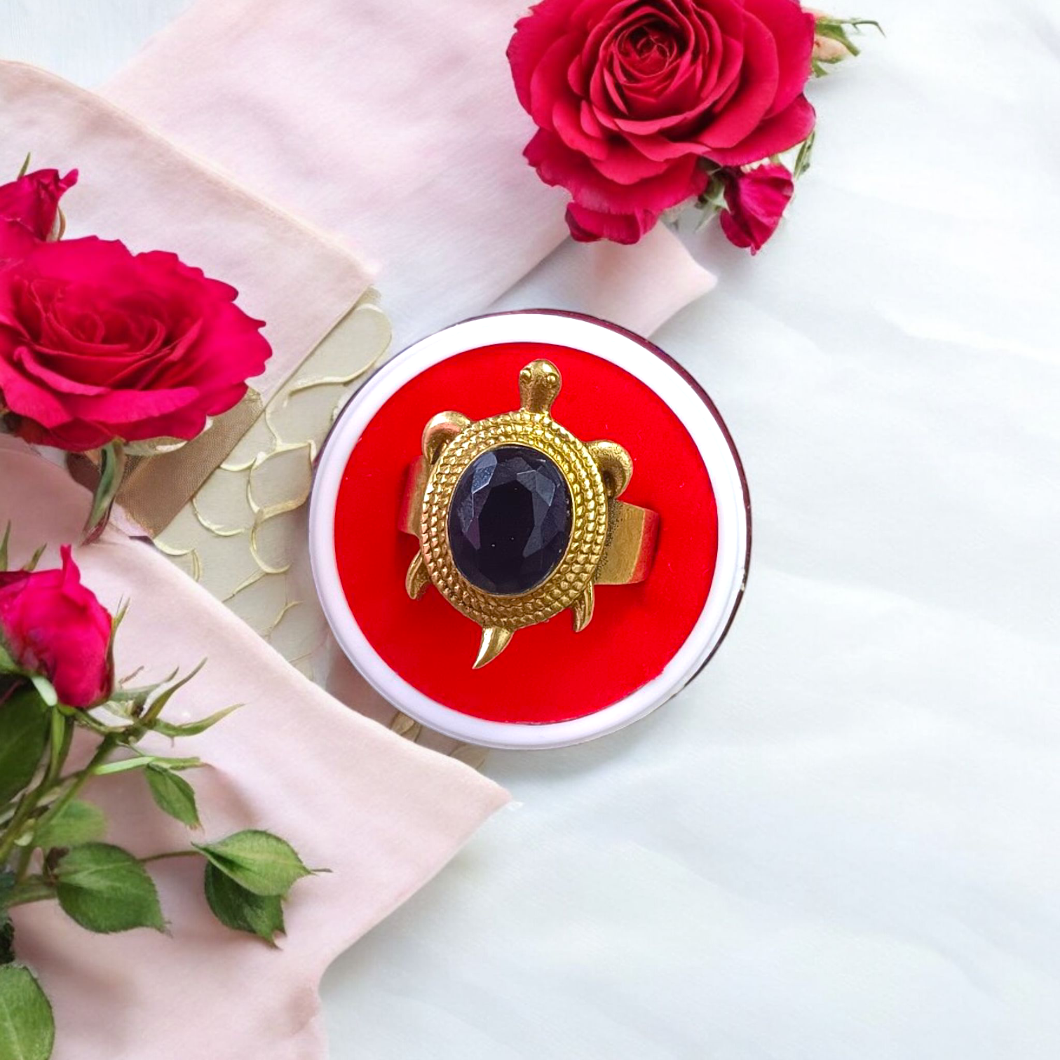 Kachua Black Hakik Ring - Adjustable Black Agate Gemstone Ring in Ashtdhatu for Men and Women