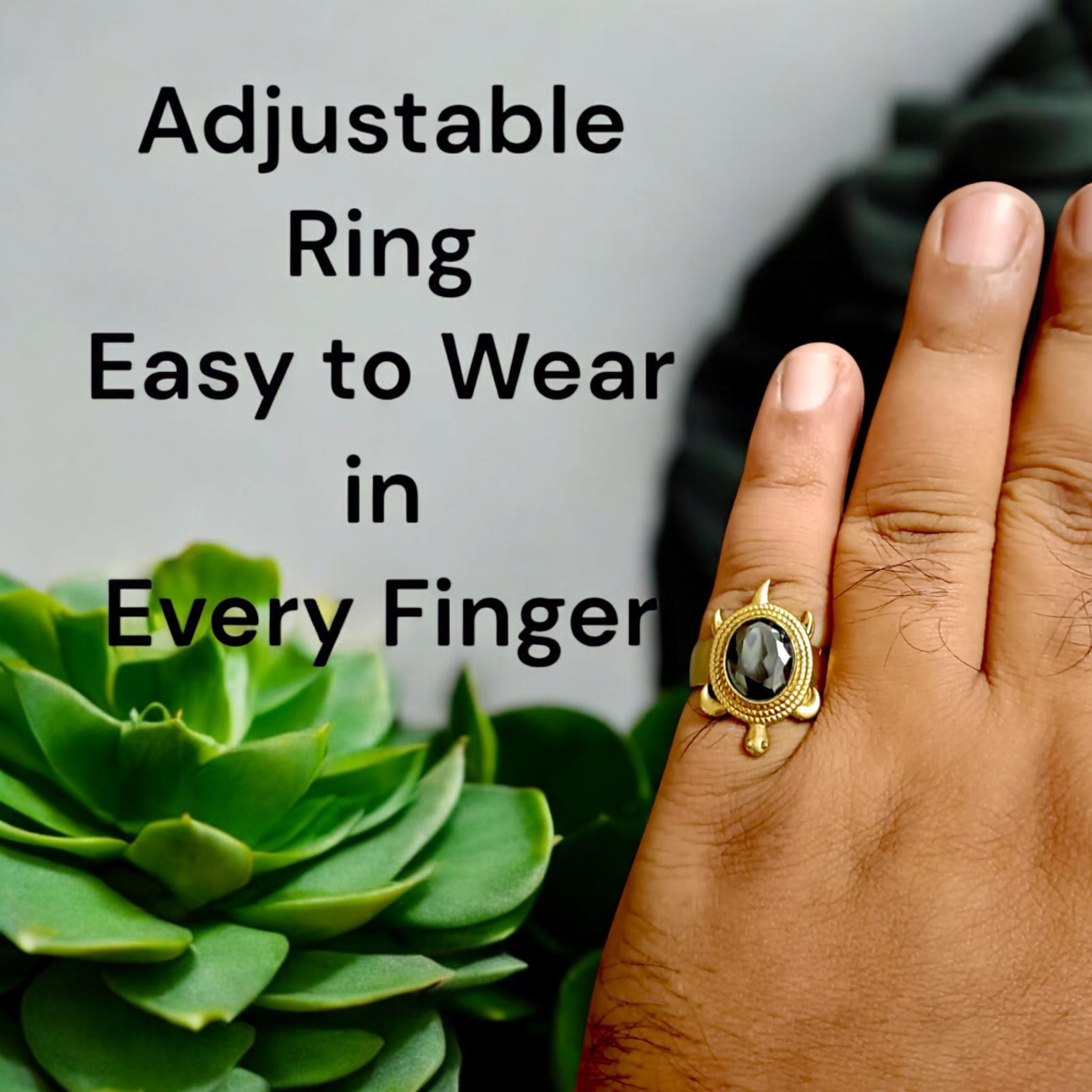 Kachua Black Hakik Ring - Adjustable Black Agate Gemstone Ring in Ashtdhatu for Men and Women