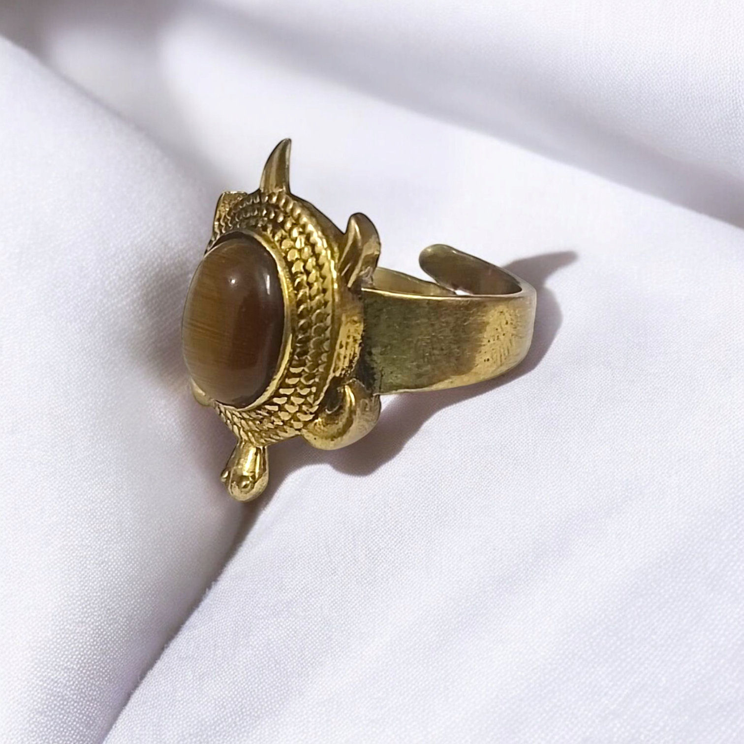 Kachua Tiger Eye Ring - Adjustable Tiger Eye Gemstone Ring with Kachua Design in Ashtdhatu for Men and Women