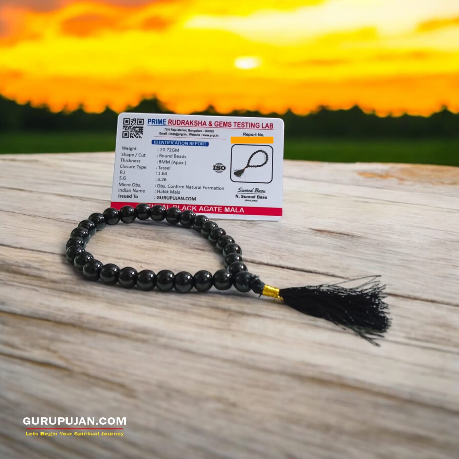 Kala Hakik Mala 27+1 Beads, Lab Certified Black Agate Jaap Mala by Gurupujan, designed to regulate energy flow and provide emotional balance.