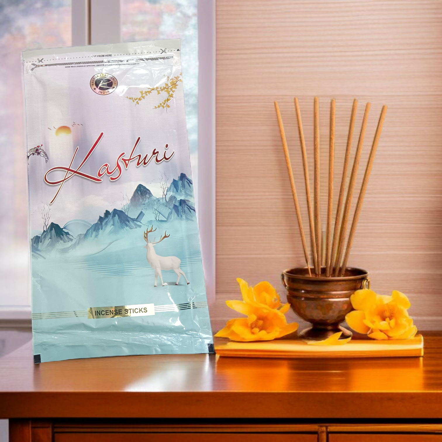 Kasturi Agarbatti Incense Sticks (130g) in Zipper Pack – Natural Musk Fragrance for Puja and Meditation