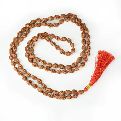 Lab-certified 3 Mukhi Rudraksha Mala for stress and anxiety relief, available in 27+1 and 108+1 bead variants, by Gurupujan