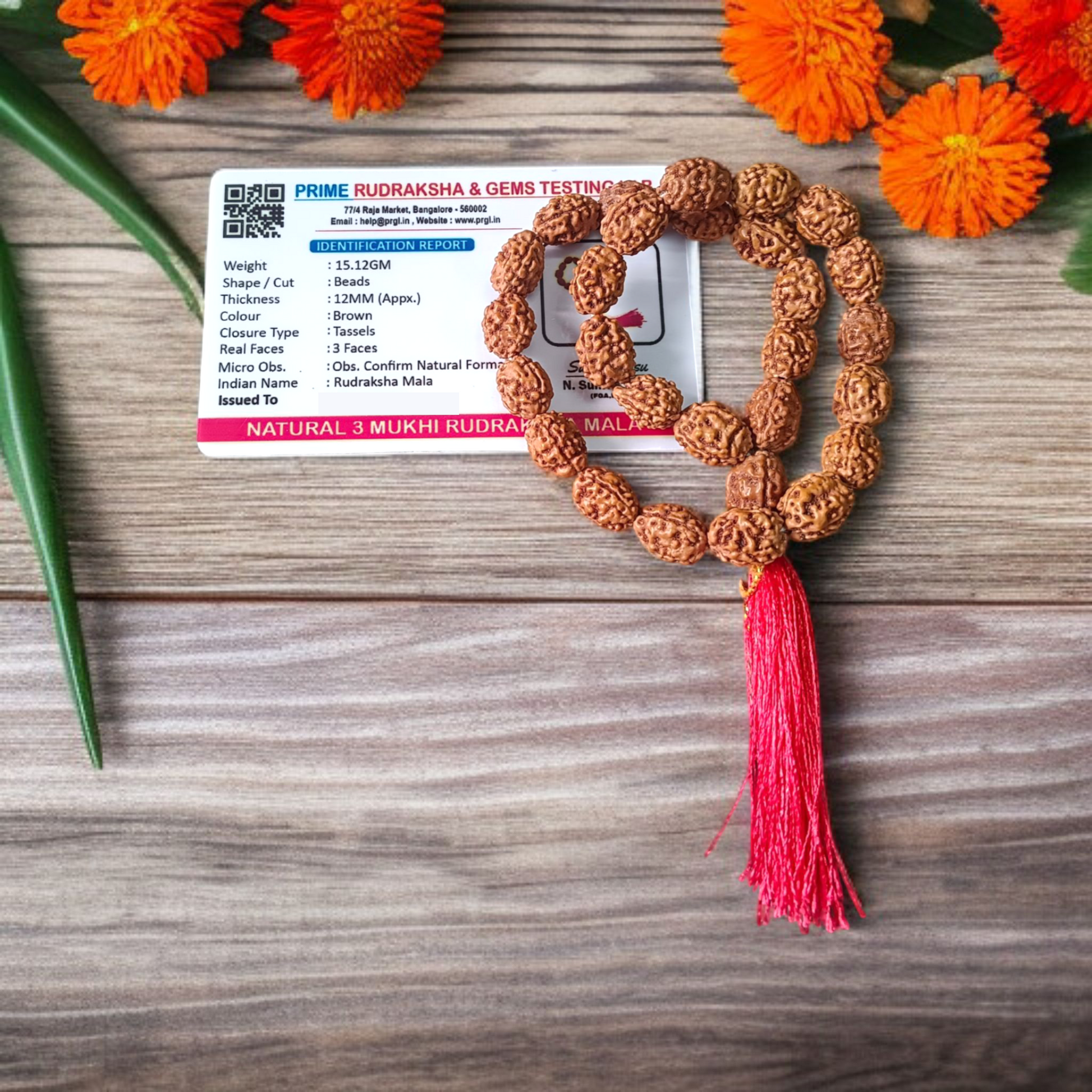 Lab-certified 3 Mukhi Rudraksha Mala for stress and anxiety relief, available in 27+1 and 108+1 bead variants, by Gurupujan