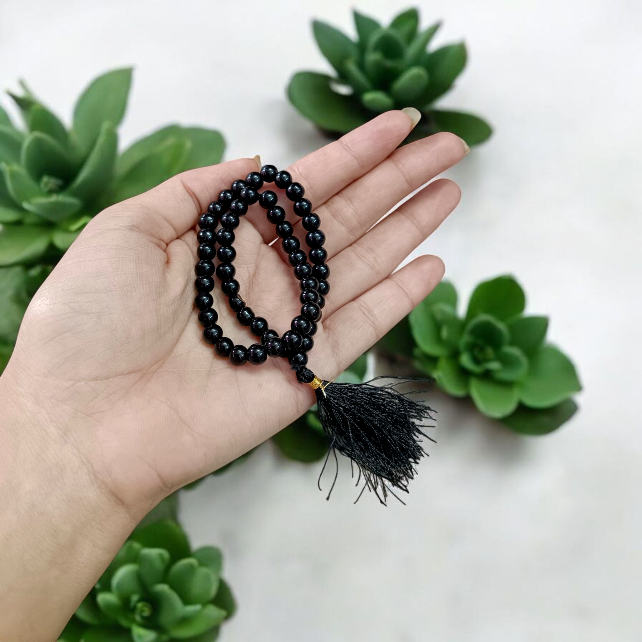 Lab Certified 54+1 bead Black Agate Mala with 6mm round beads for meditation, protection, and spiritual rituals
