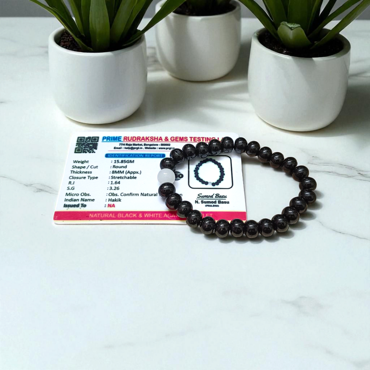 Lab Certified Natural Black and White Agate (Hakik) Bracelet with 8mm Beads for Healing and Energy Balance