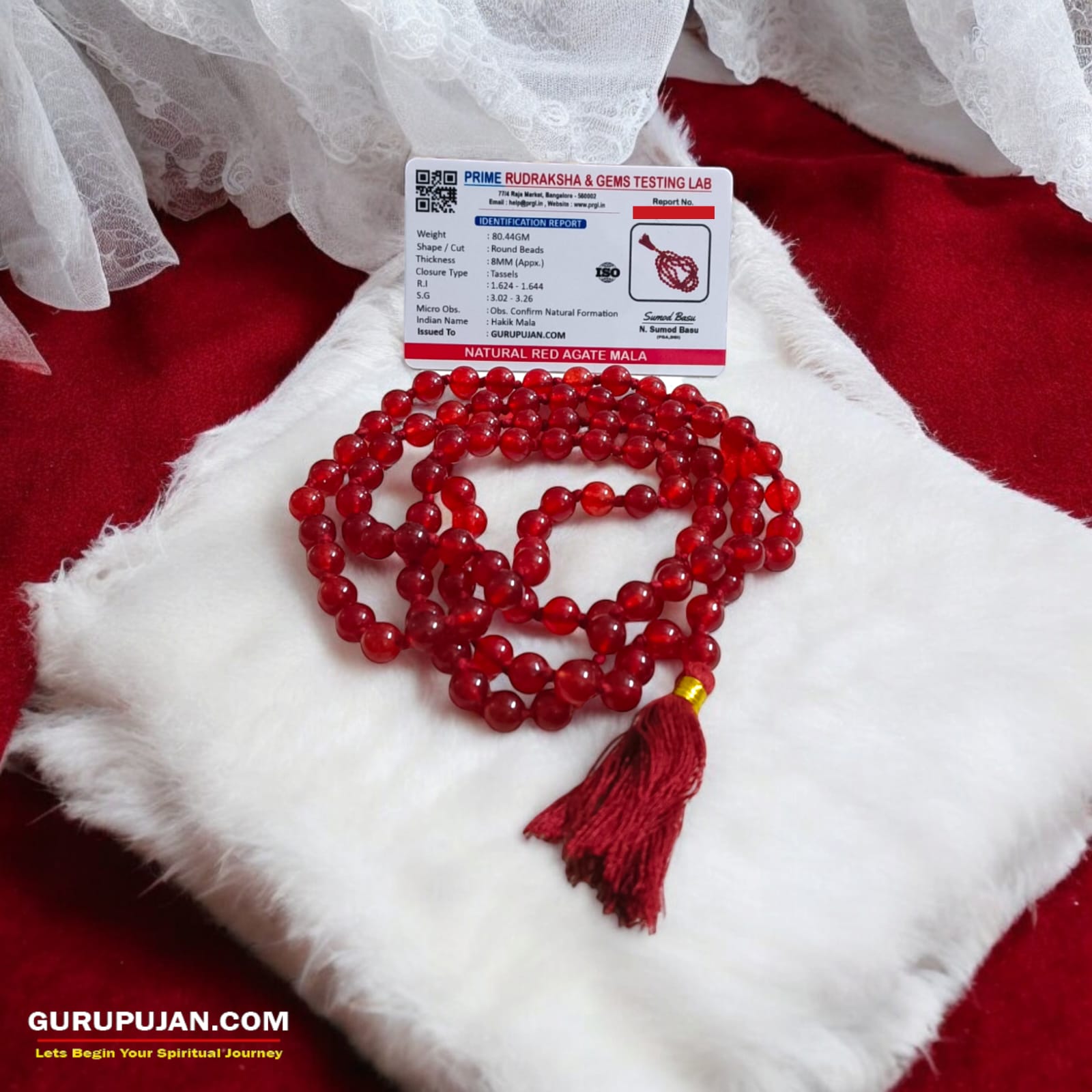Lab Certified Original Red Agate Mala with 108+1 Beads from Gurupujan