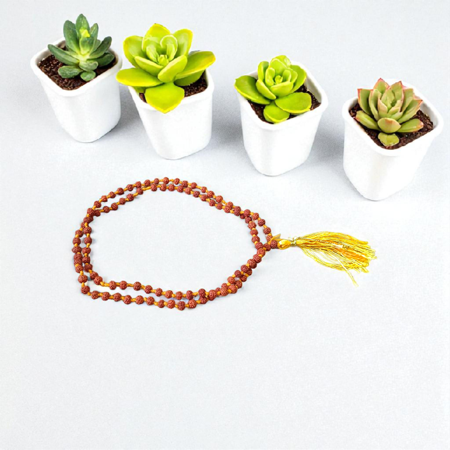 Lab certified 5 Mukhi Rudraksha Mala with 108+1 beads, 4mm size, for meditation, stress relief, and mental clarity