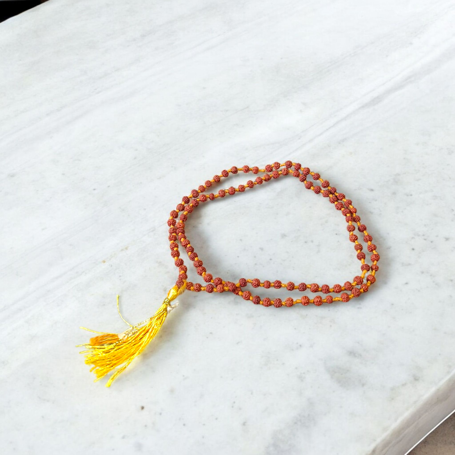 Lab certified 5 Mukhi Rudraksha Mala with 108+1 beads, 4mm size, for meditation, stress relief, and mental clarity