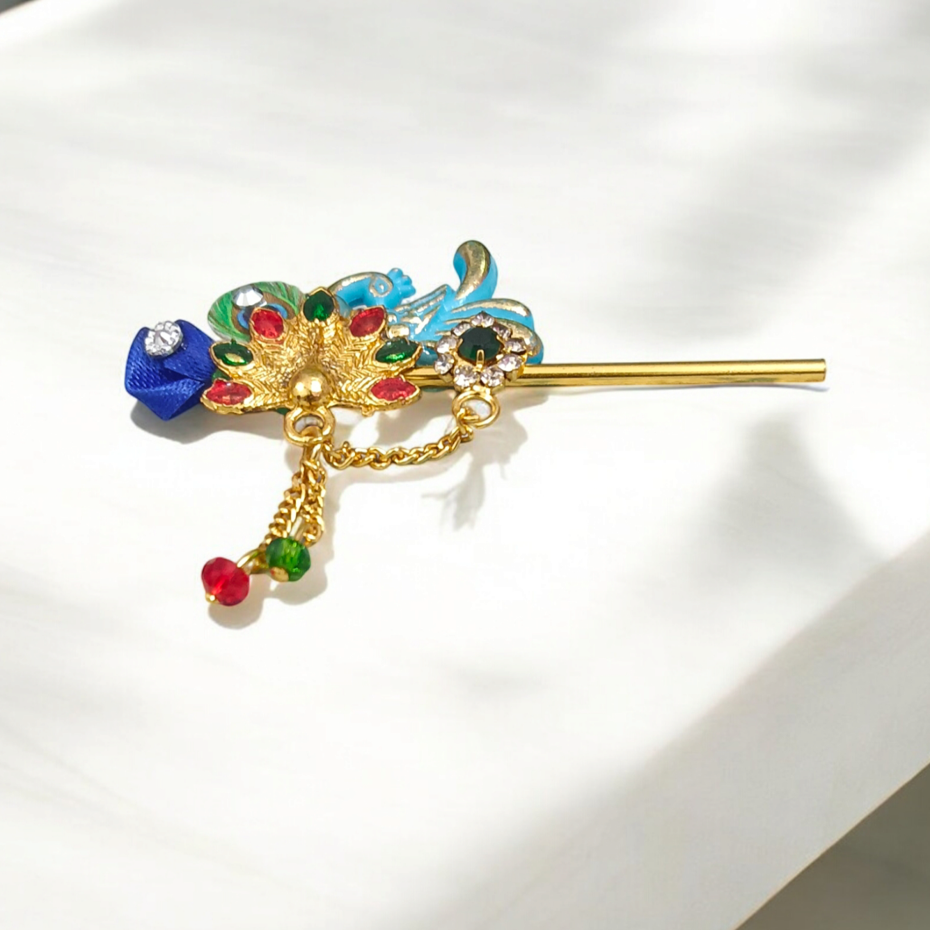 Laddu Gopal Bansuri with peacock design and zircon embellishments, heavy and decorative for Krishna idol.