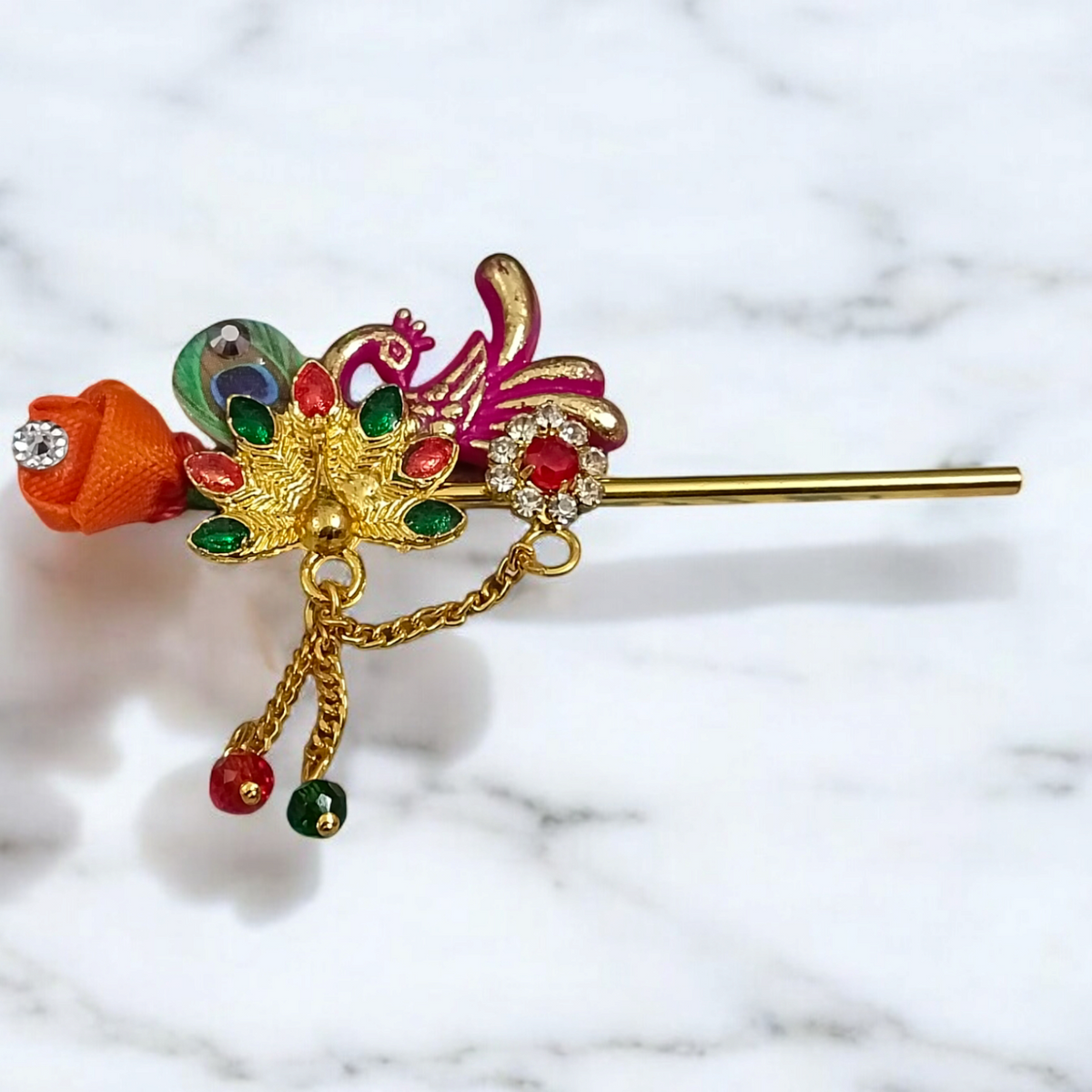 Laddu Gopal Bansuri with peacock design and zircon embellishments, heavy and decorative for Krishna idol.