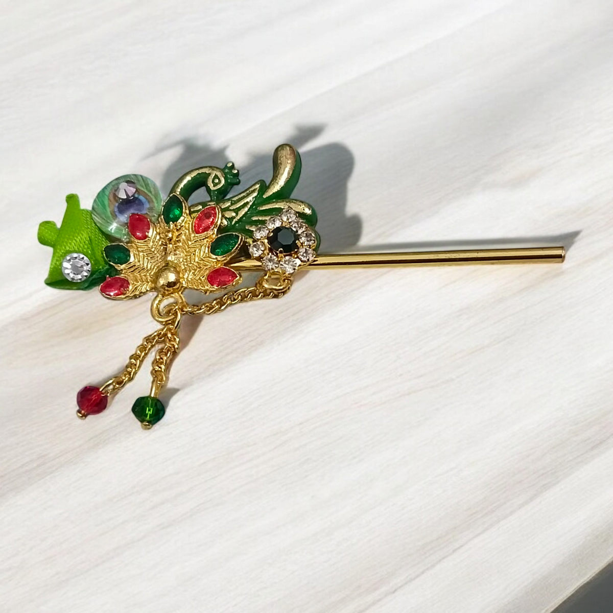 Laddu Gopal Bansuri with peacock design and zircon embellishments, heavy and decorative for Krishna idol.