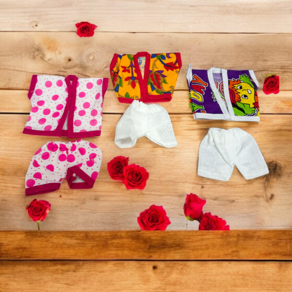 Laddu Gopal Ji dressed in soft cotton night suits, colorful and elegant design