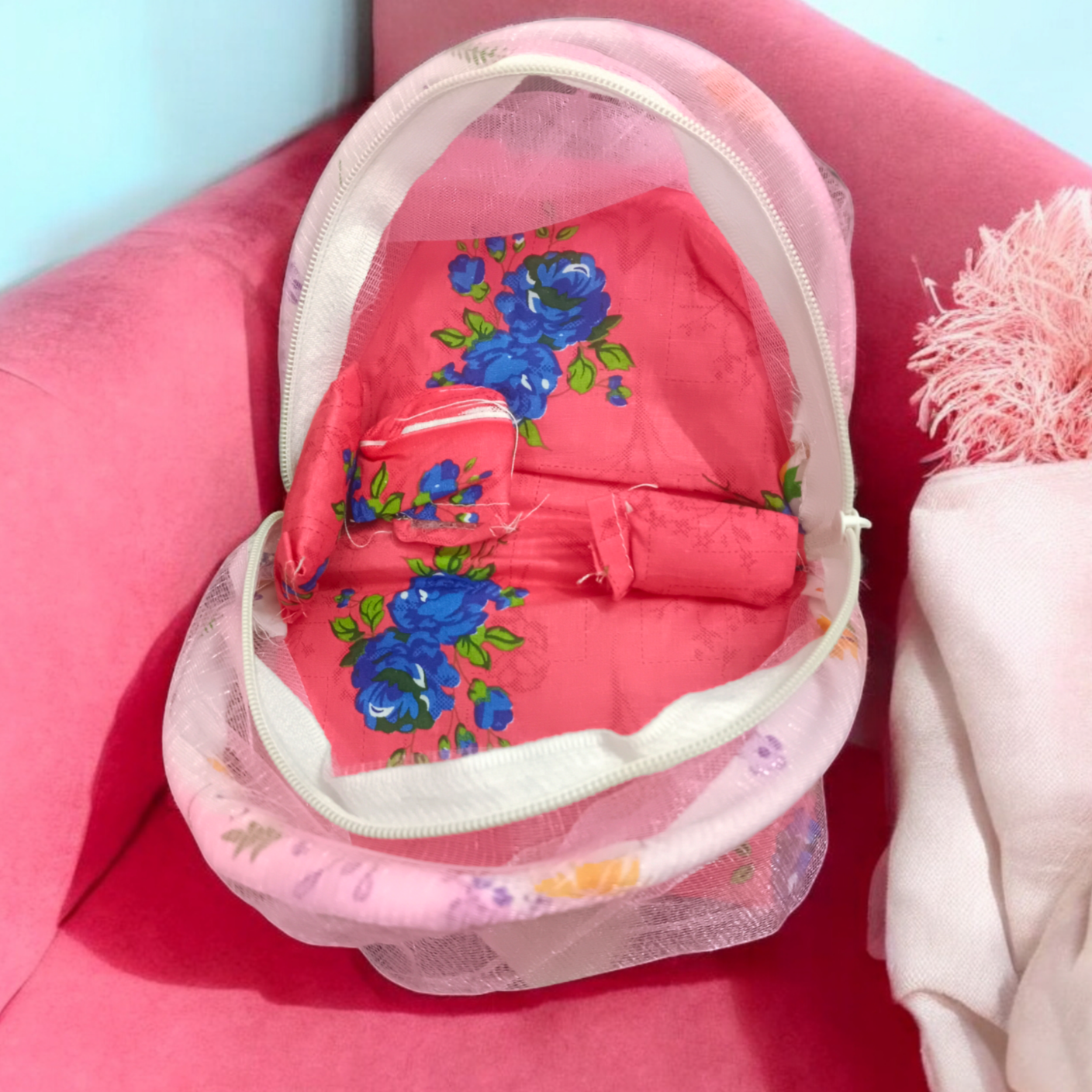 Laddu Gopal comfortable bed with mosquito net and three soft pillows, ideal for idols of size 0-4 No.