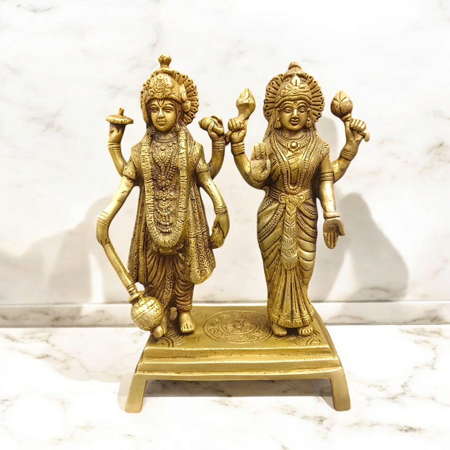 Lakshmi Narayan Standing Pose Pure Brass Idol, intricately crafted with Lord Vishnu and Goddess Lakshmi in a divine standing posture, made from high-quality brass.