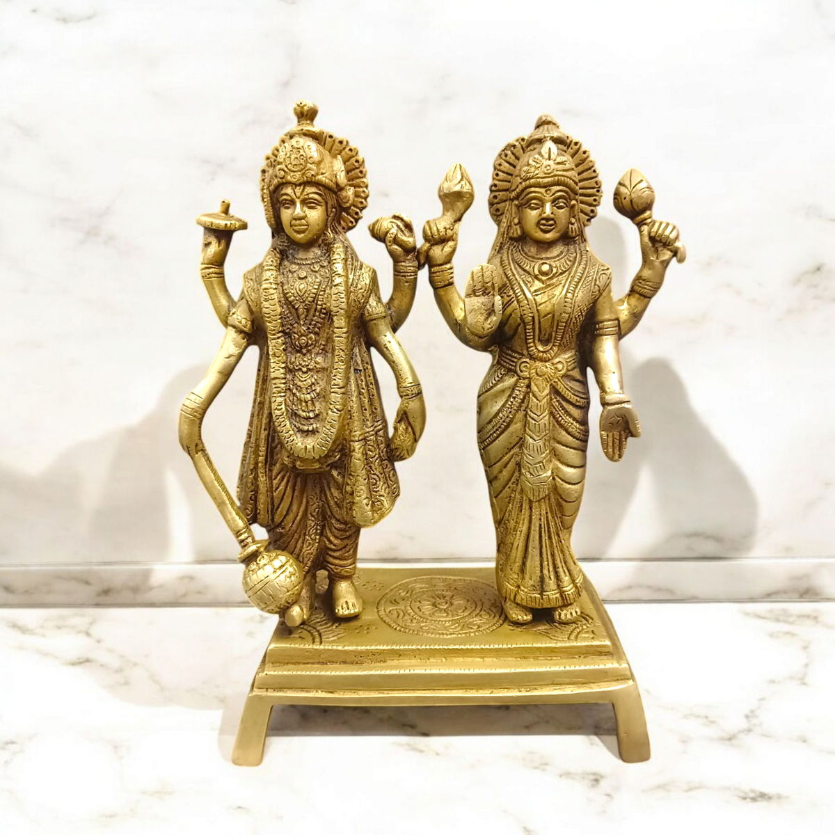 Lakshmi Narayan Standing Pose Pure Brass Idol, intricately crafted with Lord Vishnu and Goddess Lakshmi in a divine standing posture, made from high-quality brass.
