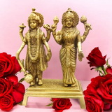 Lakshmi Narayan Standing Pose Pure Brass Idol, intricately crafted with Lord Vishnu and Goddess Lakshmi in a divine standing posture, made from high-quality brass.