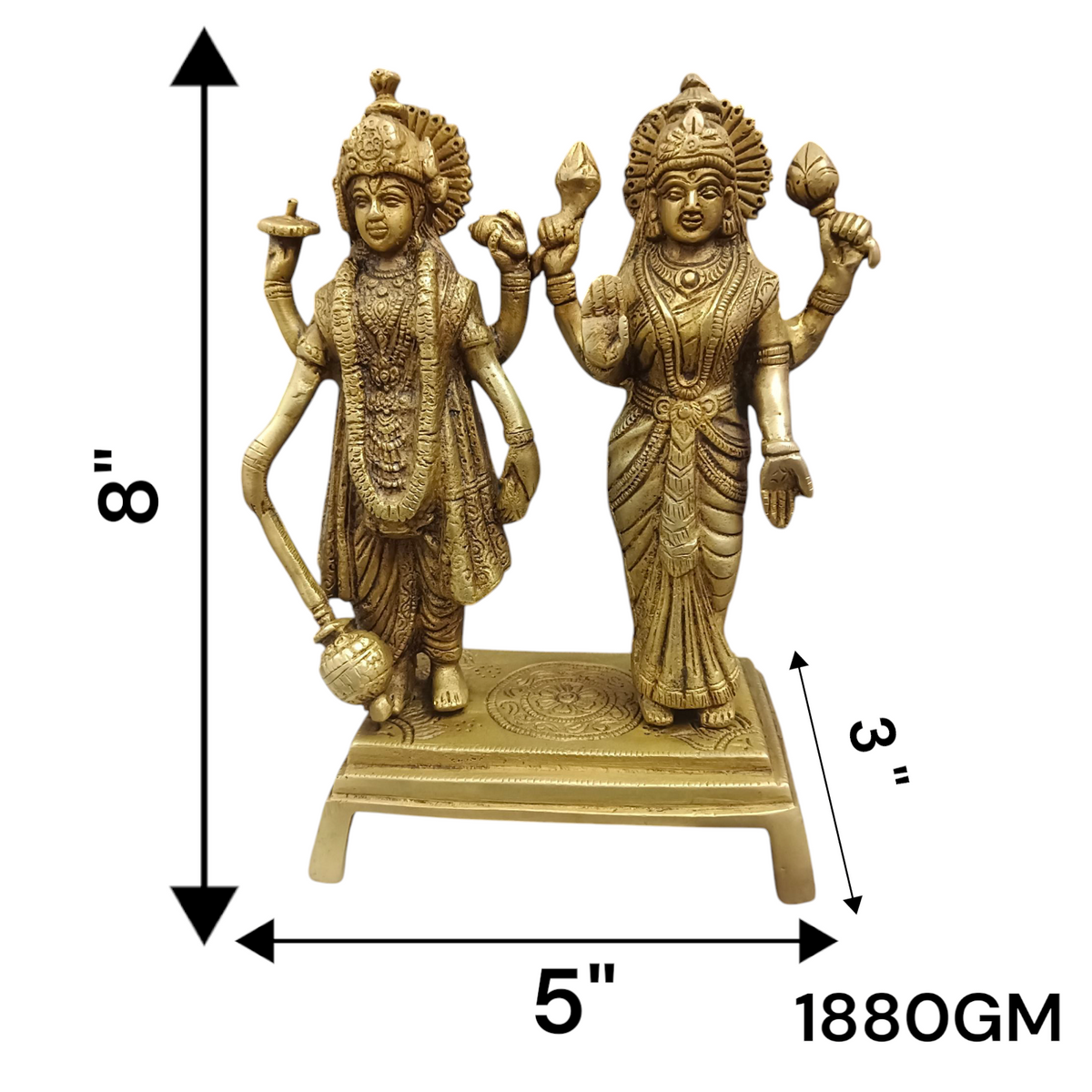 Lakshmi Narayan Standing Pose Pure Brass Idol, intricately crafted with Lord Vishnu and Goddess Lakshmi in a divine standing posture, made from high-quality brass.