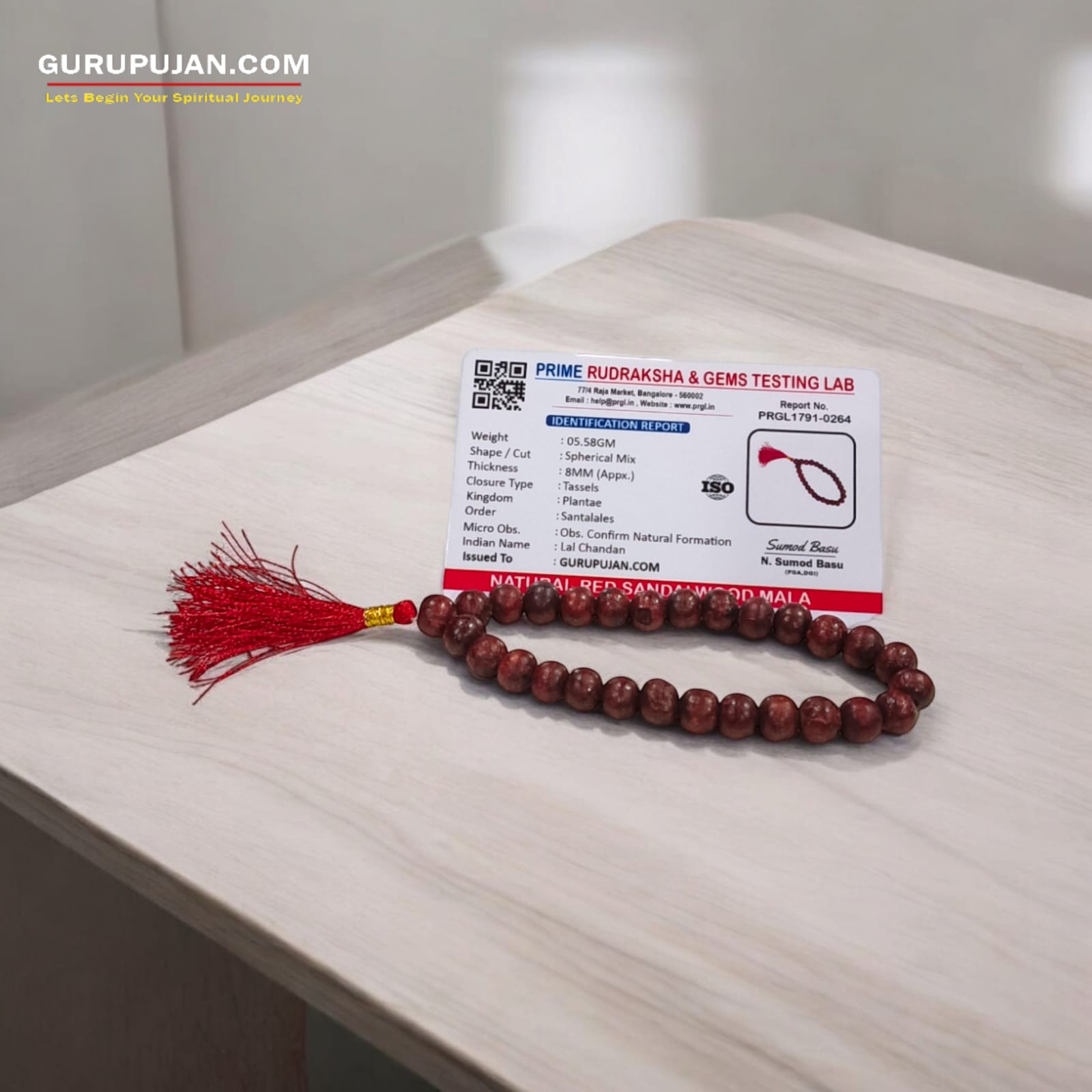 Lal Chandan Mala 27+1 beads made from red sandalwood, designed for stress relief and inner peace.