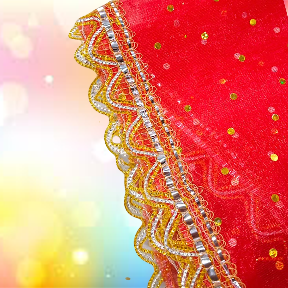 Lal Chunni (Mata Rani Red Chuniri), 2 meters long, used for adorning Mata Rani idols during Durga Puja, Navratri, and other religious pujas.