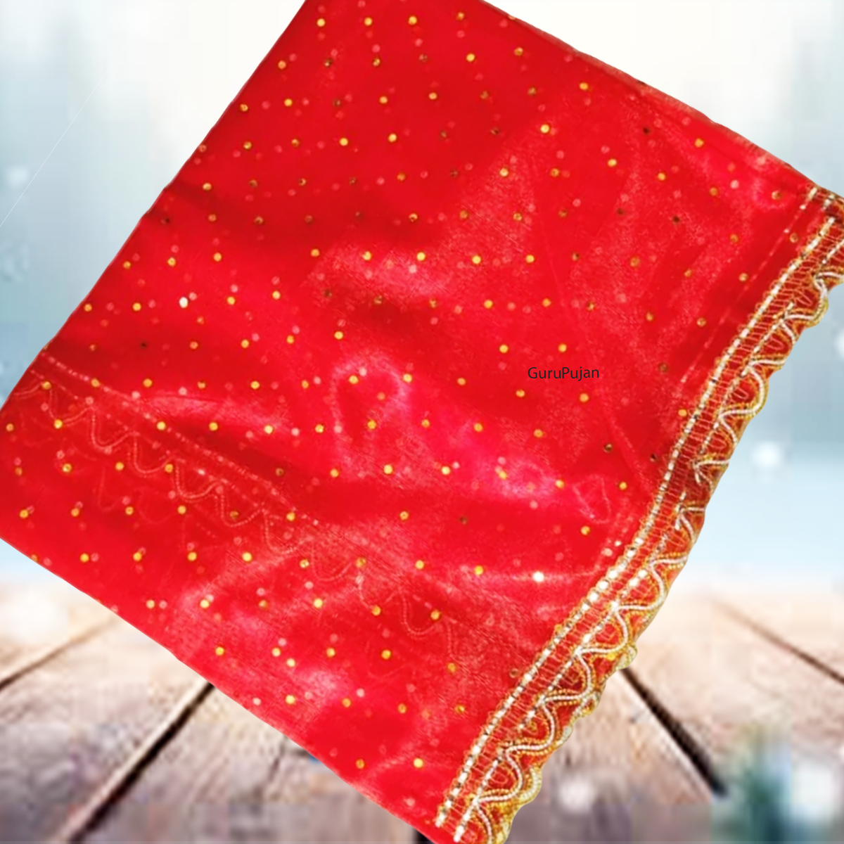 Lal Chunni (Mata Rani Red Chuniri), 2 meters long, used for adorning Mata Rani idols during Durga Puja, Navratri, and other religious pujas.