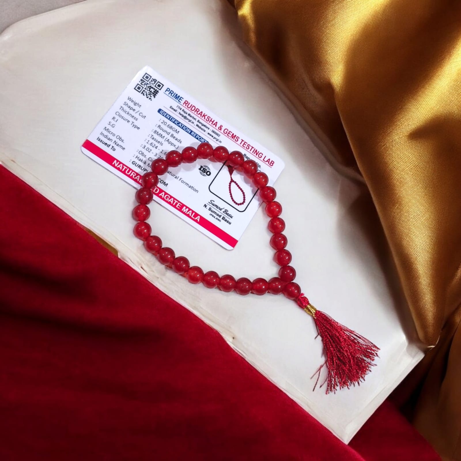 Lal Hakik Mala 27+1 Beads, 8MM Red Agate Jaap Mala by Gurupujan, ideal for protection against evil eye effects and negative energies.