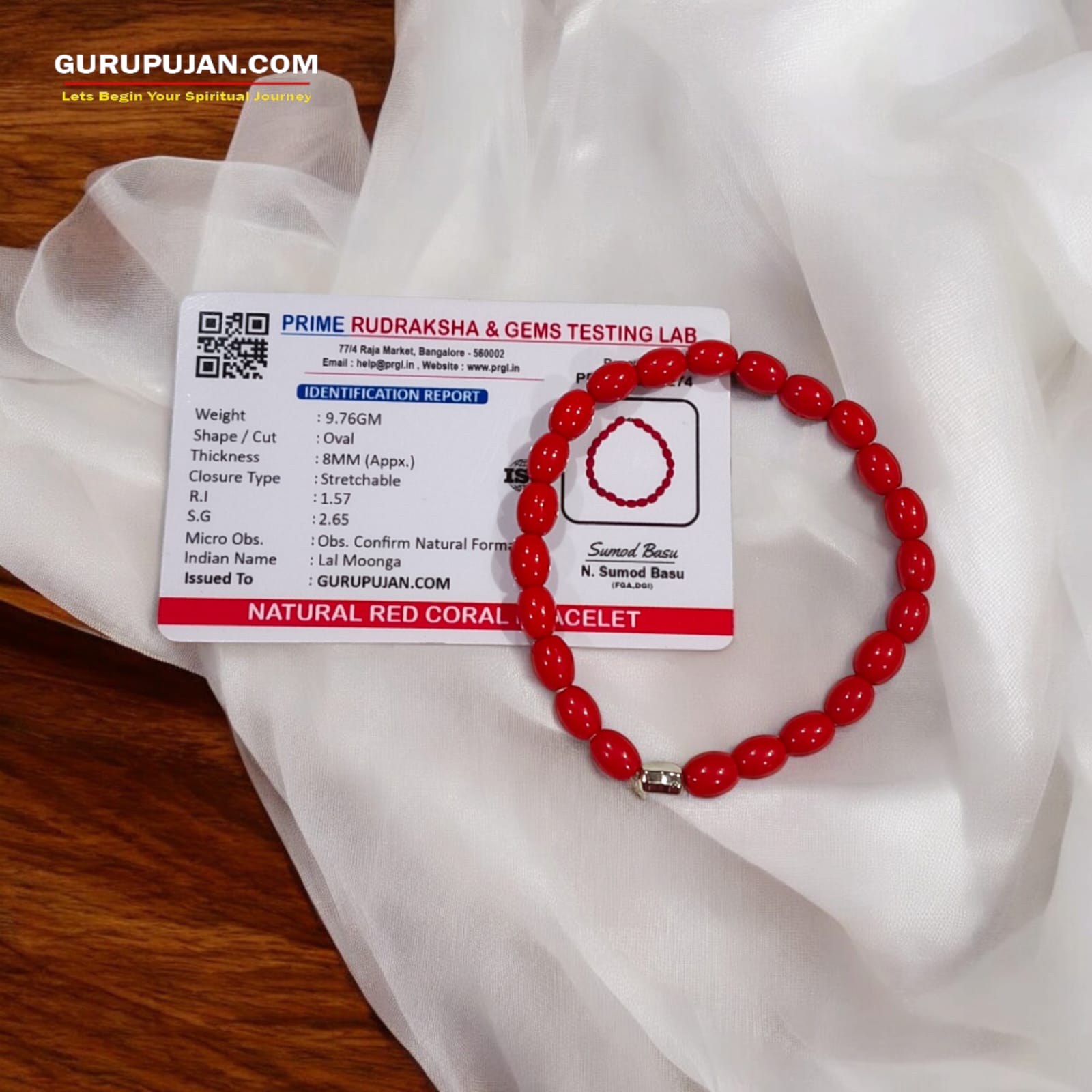 Lal Moonga Bracelet crafted with natural Red Coral beads, 8MM in size, stretchable design, certified for authenticity and courage enhancement.