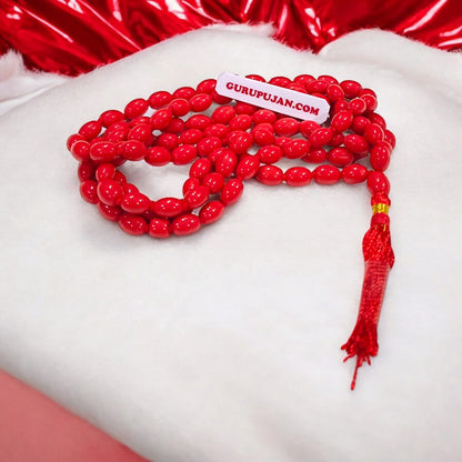 Lal Moonga Mala made with natural red coral beads, ideal for spiritual and astrological remedies, available for Jaap and wearing.