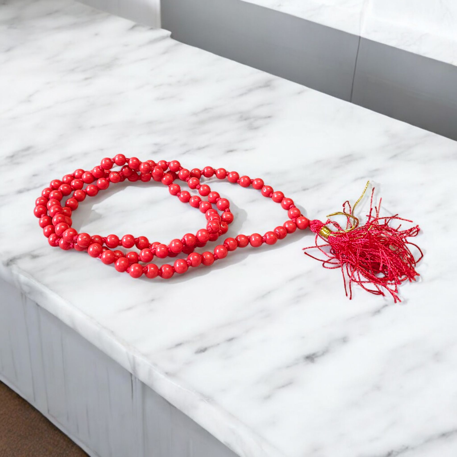 Lal Moonga (Red Coral) Mala with 108+1 certified natural beads, ideal for Mangal Dosha remedies, meditation, and daily wear