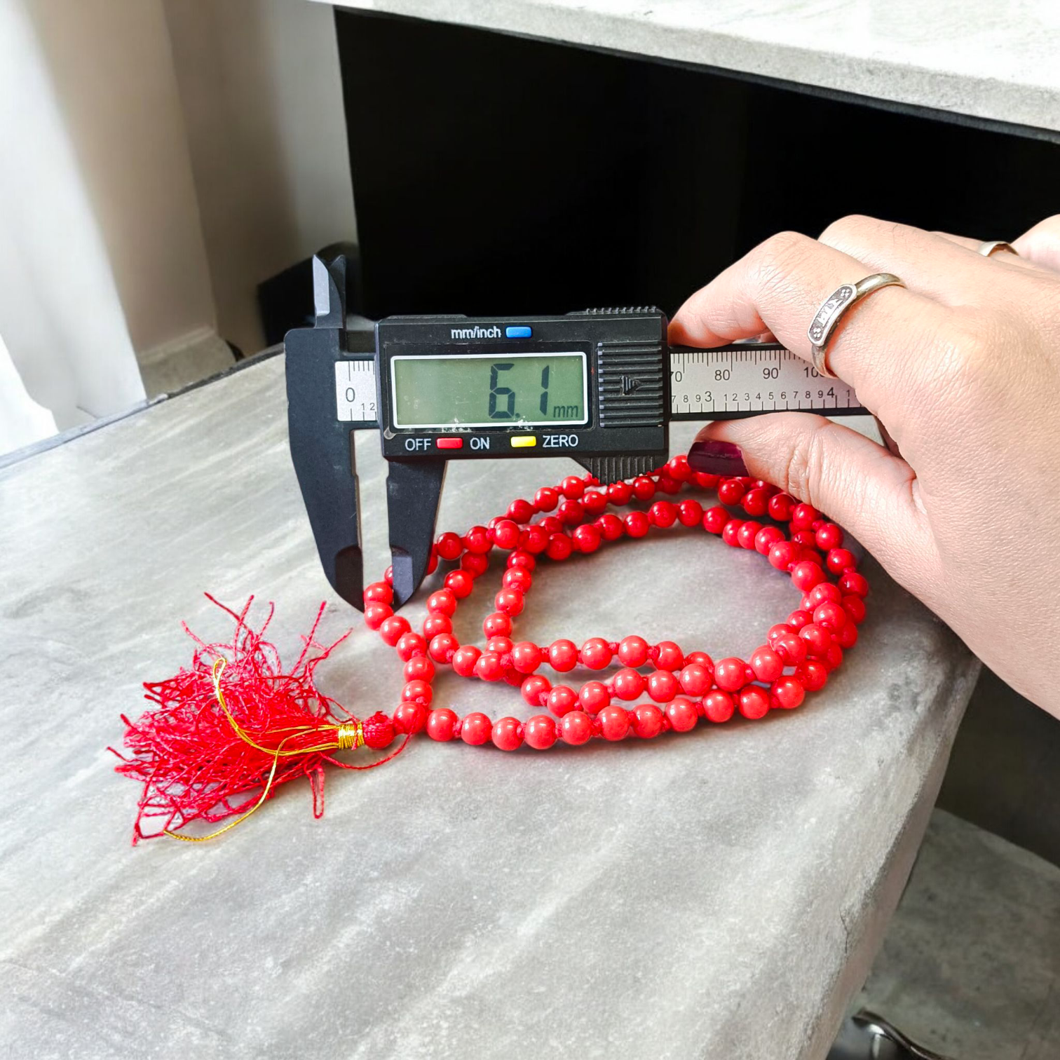 Lal Moonga (Red Coral) Mala with 108+1 certified natural beads, ideal for Mangal Dosha remedies, meditation, and daily wear