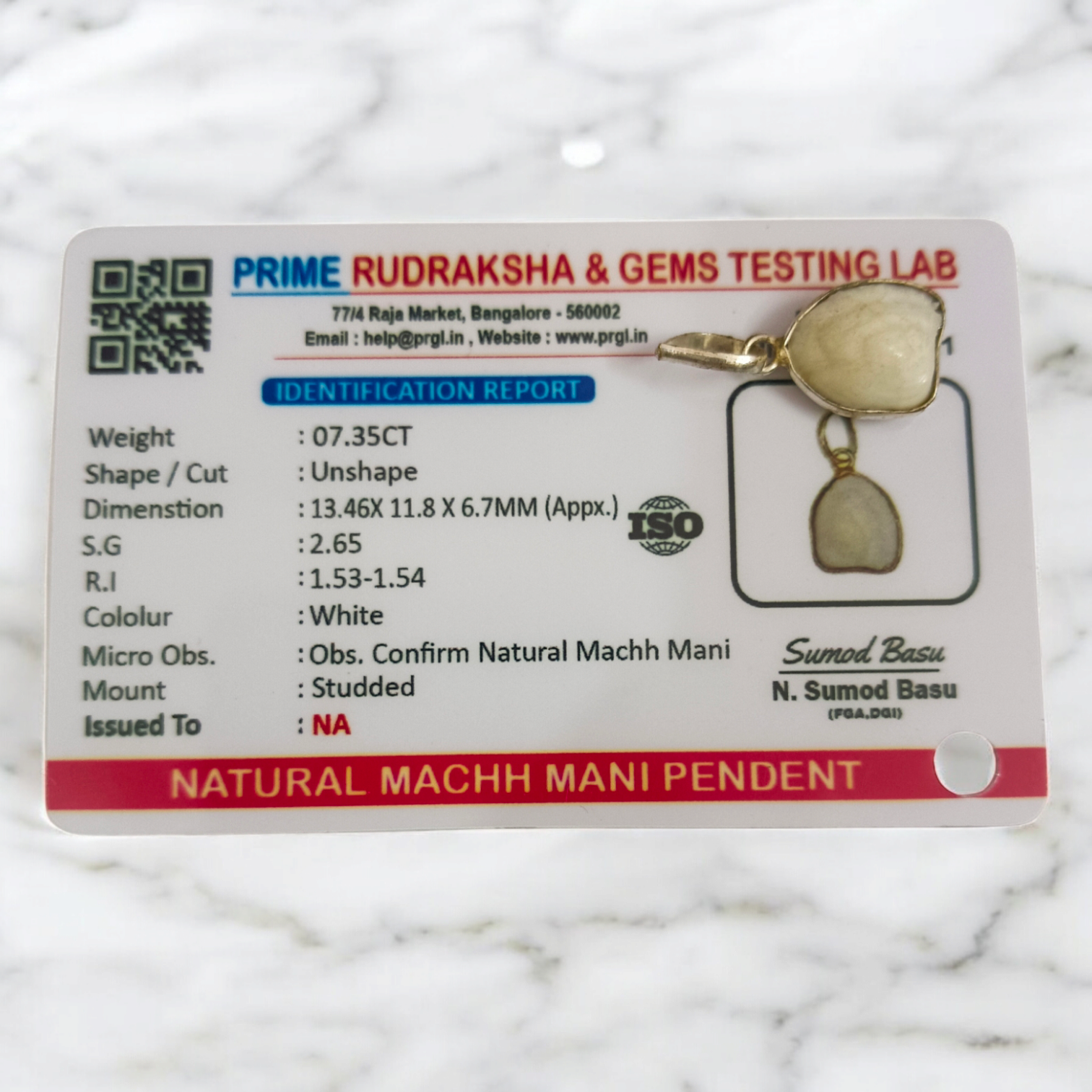 Machhmani Stone Pendent – White Machmani Pendent with Lab Certificate